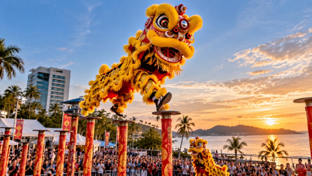 Yellow lion dance troupe performing