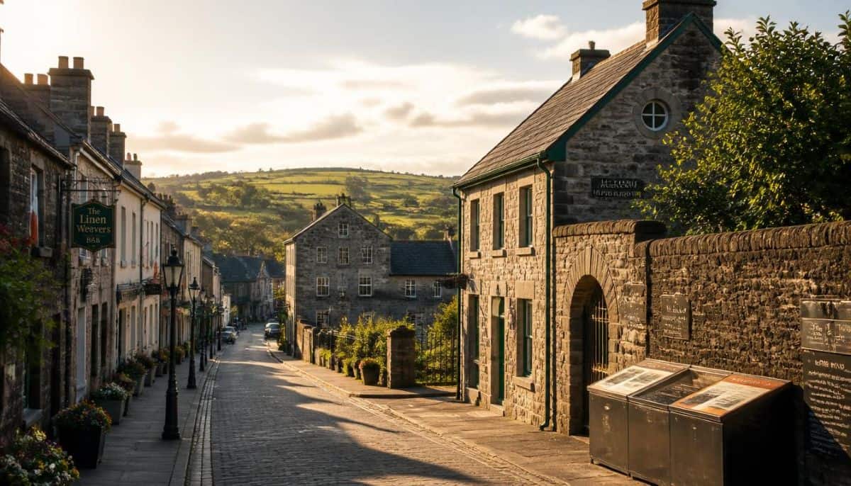 A scenic, golden-hour view of a historic irish town street lined with traditional stone buildings, black lampposts, window flower boxes, and outdoor interpretive display boards, leading down a paved slope toward rolling green hills in the background.