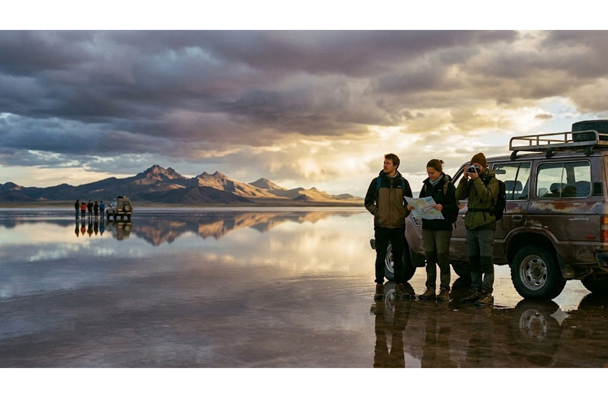 Latin america tourism - travel and tour world Travellers standing on a lake by a car