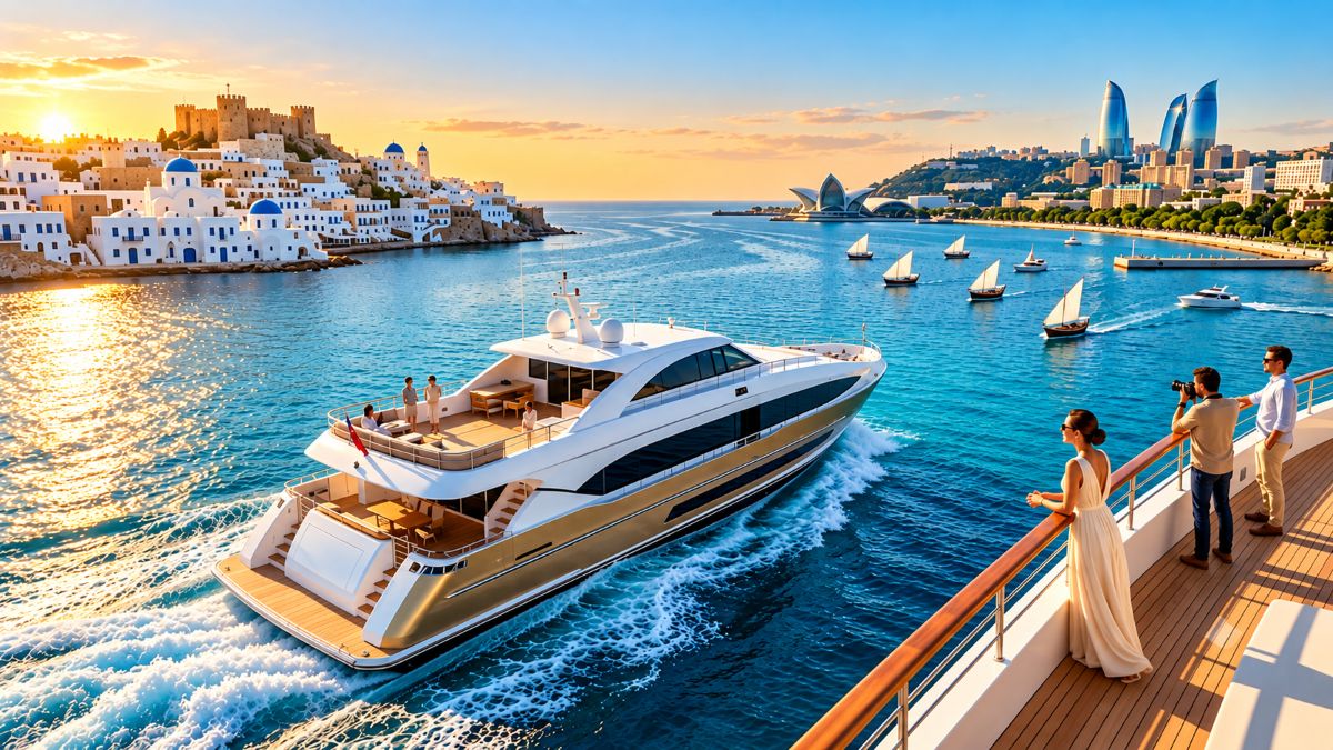 Luxury yacht cruising through a turquoise mediterranean harbour with whitewashed coastal buildings, sailboats, a historic hilltop fortress and a modern city skyline at sunset.