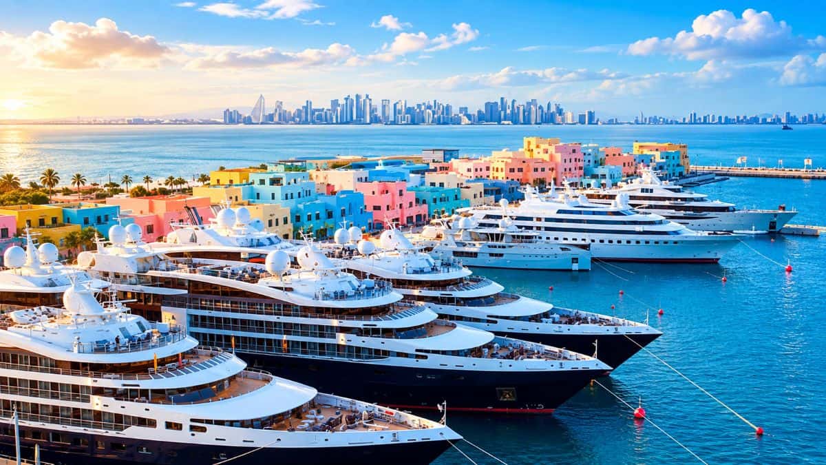 Luxury yachts docked in a colourful waterfront marina with pastel buildings, turquoise sea and a modern city skyline under a bright blue sky.