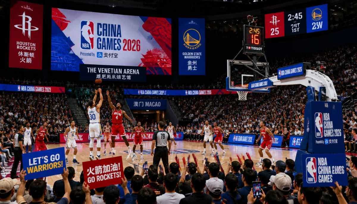 Macao - travel and tour world Action-packed basketball court view during the nba china games 2026 at the venetian arena in macao, surrounded by enthusiastic fans and vibrant event branding.