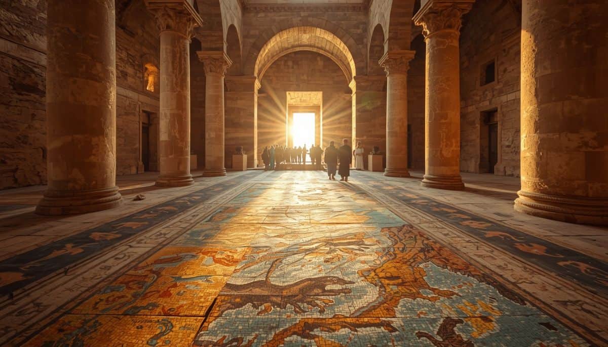 A wide-angle, cinematic view inside an ancient stone building in madaba, jordan, featuring towering pillars flanking a central floor mosaic made of colored stone tesserae. Brilliant golden-hour sunlight streams through a distant doorway and arched windows, casting long shadows and illuminating a group of visitors silhouetted in the distance.