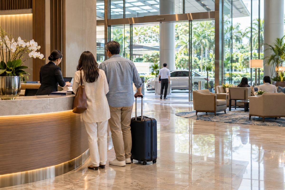Travellers with a suitcase at a malaysian hospital reception desk beside a bright, comfortable waiting lounge.