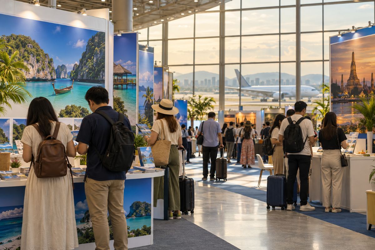 Malaysia is now using matta fair holiday package sales to boost the domestic tourism and unlock more business - travel and tour world Visitors browse travel booths with brochures and luggage in a sunlit exhibition hall, with an aircraft visible outside