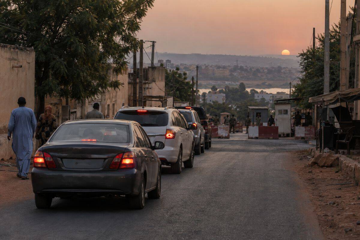 Vehicles queuing near checkpoint barriers on a dusty bamako street at dusk, with pedestrians seen from behind