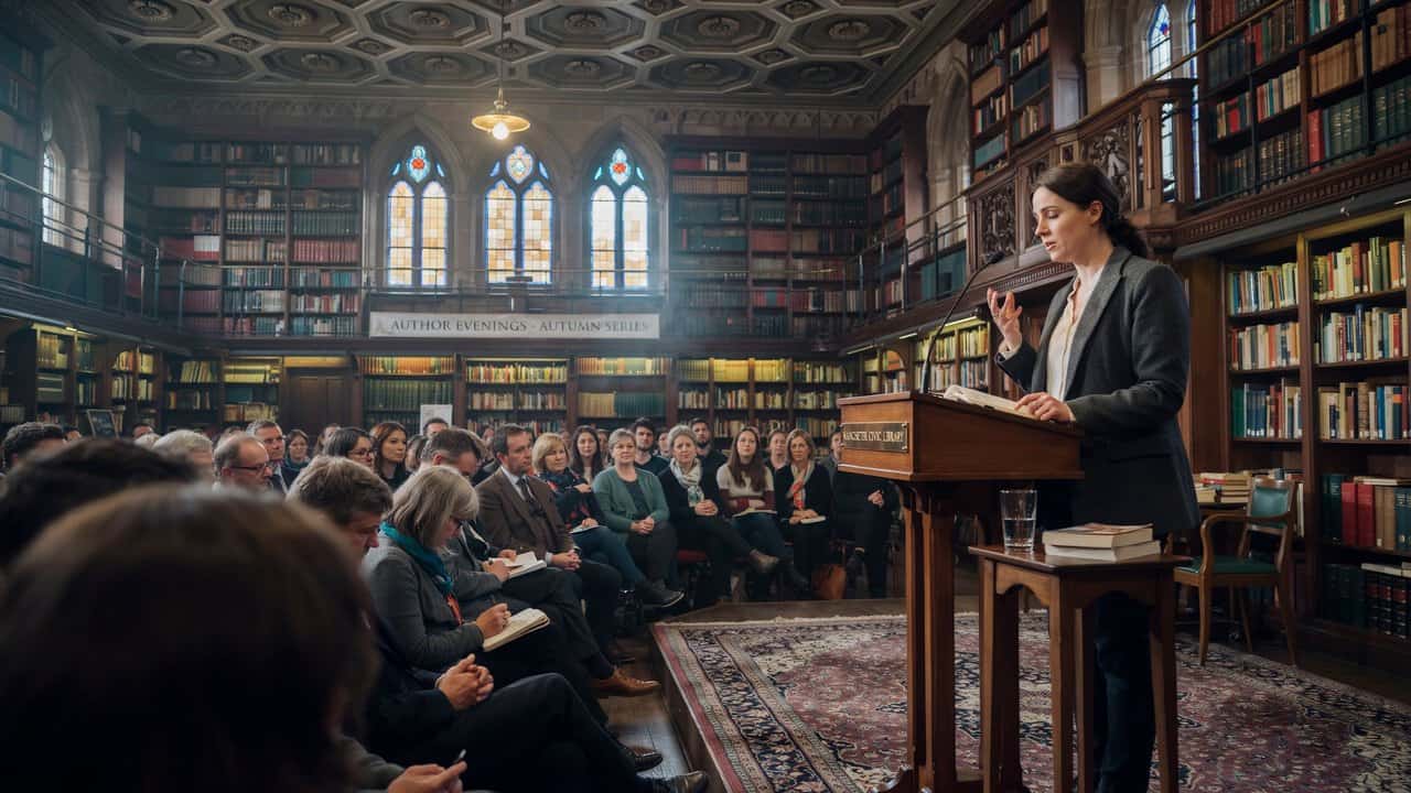 Audience attending an author panel discussion inside manchester central library during the manchester literature festival