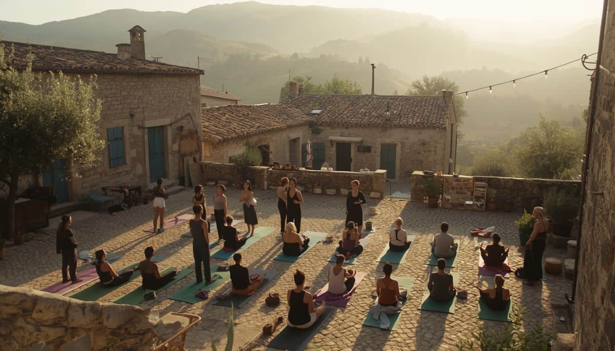 An overhead, wide shot of a diverse group of people practicing yoga and meditation on mats spread across a rustic cobblestone courtyard in a historic stone village during golden hour, with rolling hills and traditional stone houses in the background.