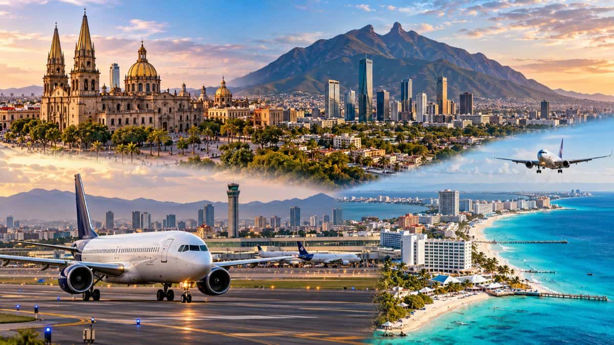 Mexico skyline - travel and tour world Mexico city, guadalajara, monterrey and cancún compared in a us–mexico aviation travel collage.