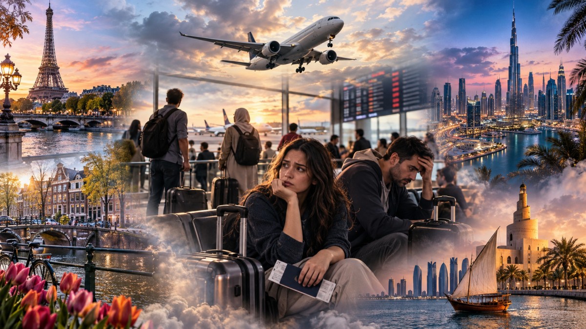 Middle east flight disruptions collage - travel and tour world Stranded travelers facing flight suspensions