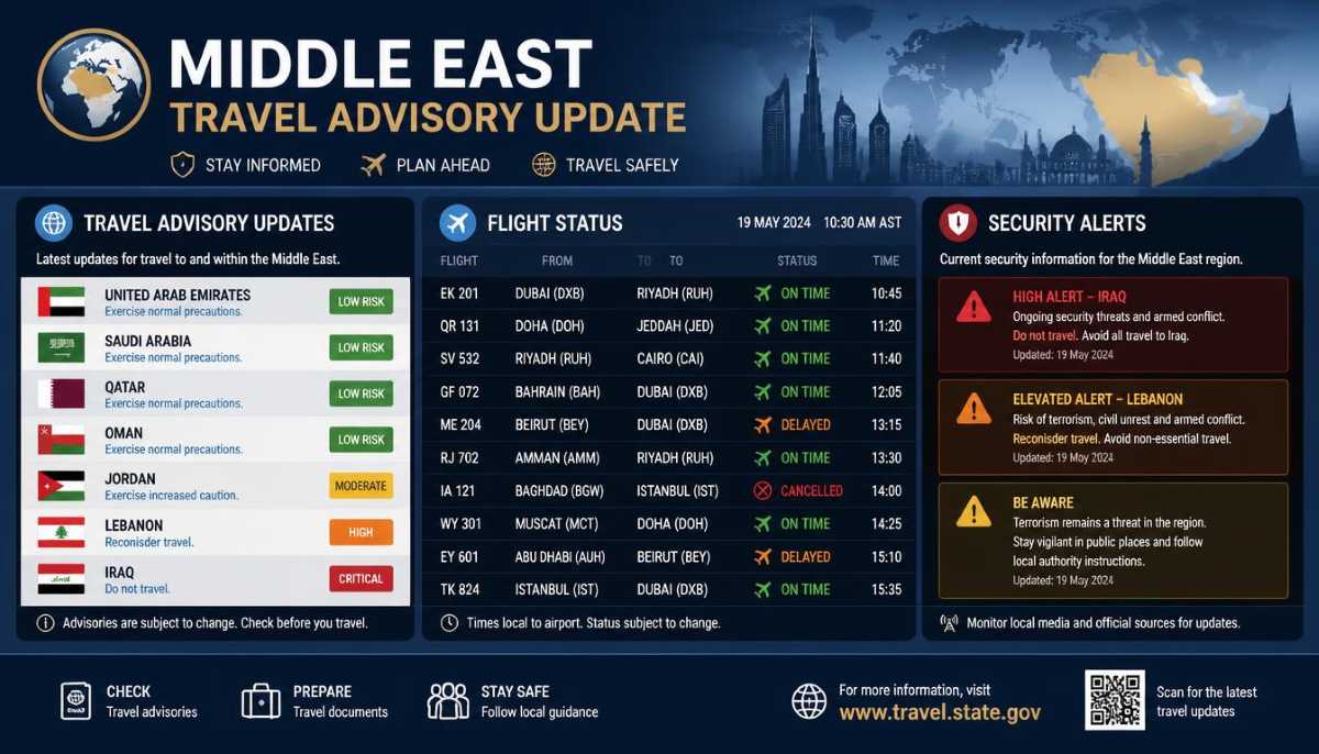A professional graphic displaying global travel advisory updates, flight status boards, and security alert notices for the middle east.