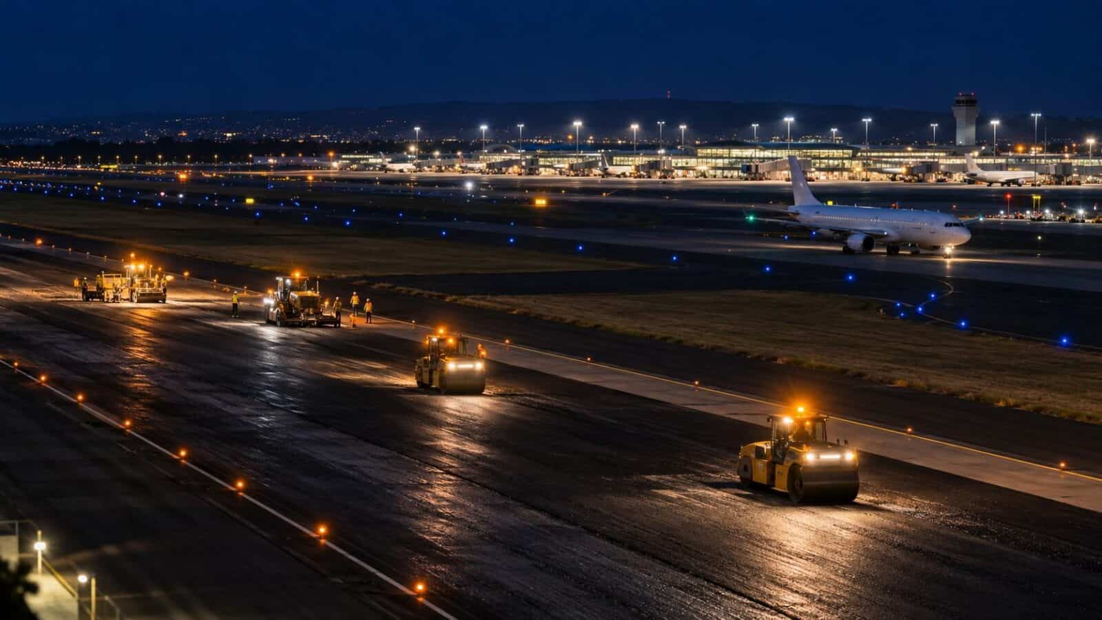 Australia air travel - travel and tour world Illustration of adelaide airport main runway maintenance at night, with airfield lights and an unbranded aircraft nearby.