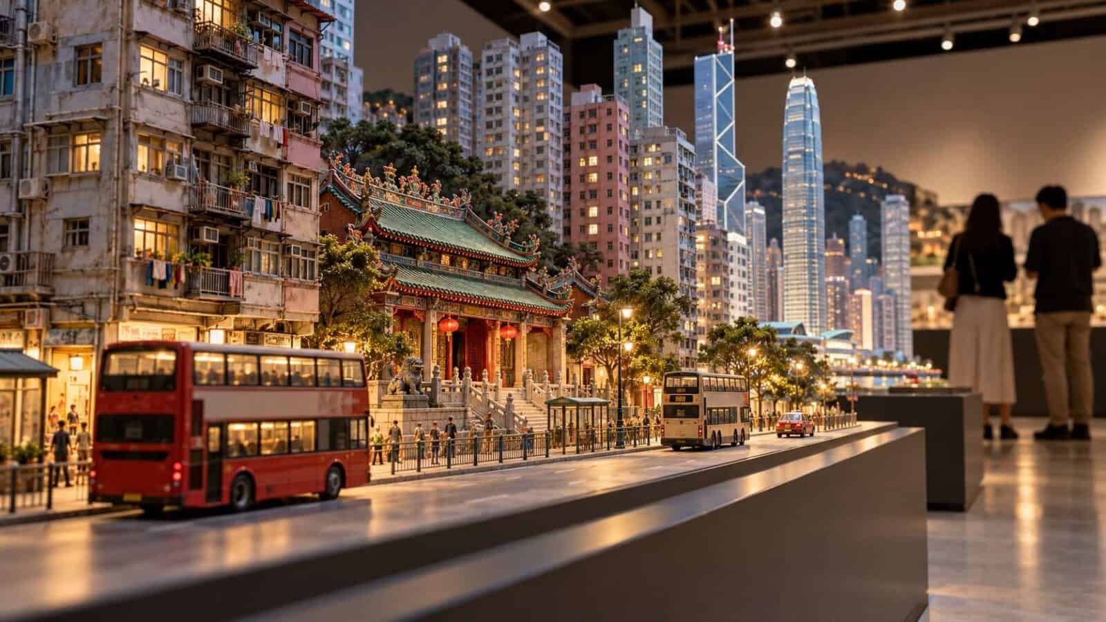 Visitors examining miniature streets and buildings in an illustration of hong kong tourism projects.
