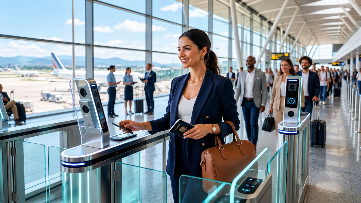 Modern airport terminal with a traveller using automated biometric gates and digital passport technology, showcasing seamless smart border processing