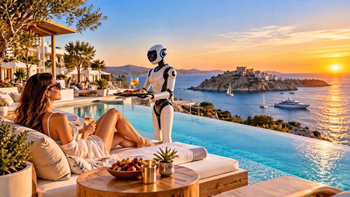 Modern luxury resort pool with cabanas representing artificial intelligence guest experience technology