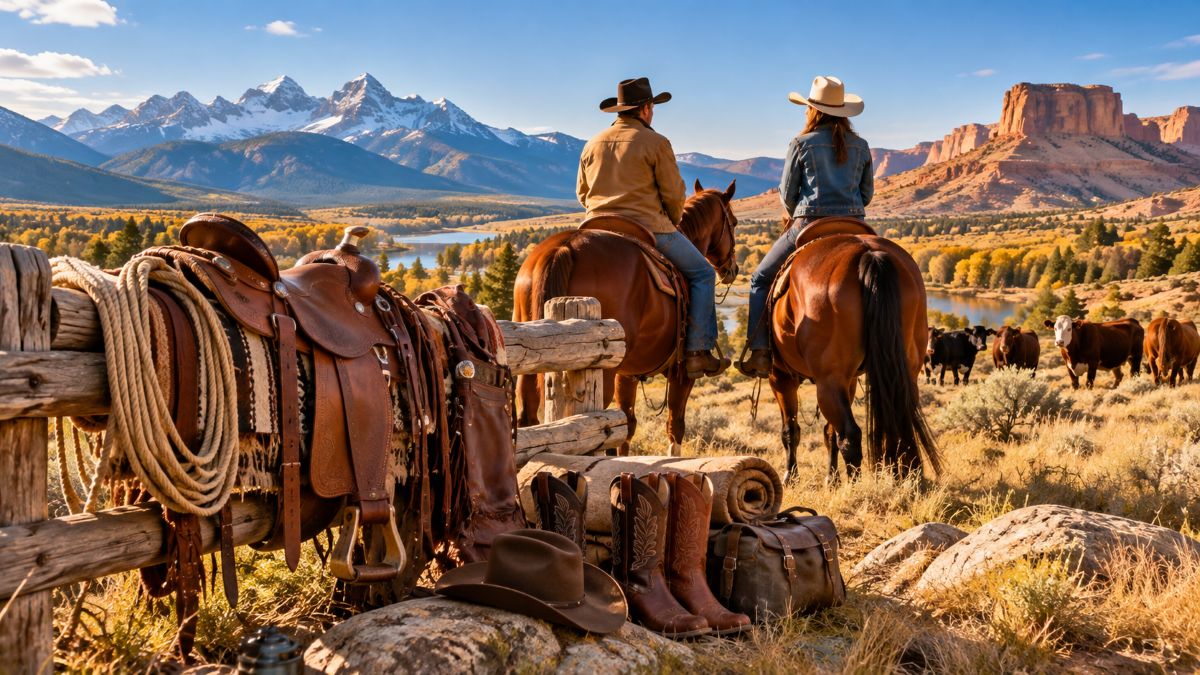 Montana ranchers and new mexico rodeo cowboys demonstrate durable outdoor gear, cowboy hats, rugged tyres and essential equipment against a scenic western landscape - travel and tour world Montana ranchers and new mexico rodeo cowboys demonstrate durable outdoor gear, cowboy hats, rugged tyres and essential equipment against a scenic western landscape.