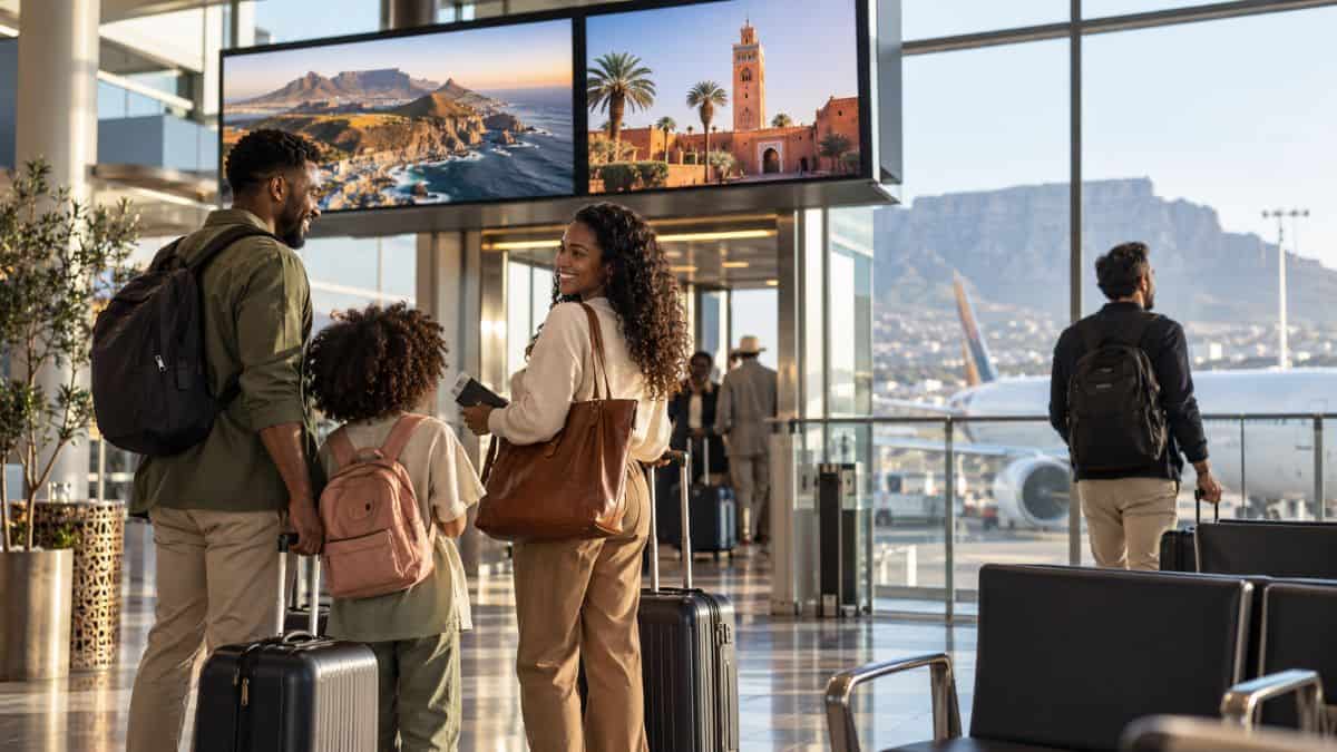 Morning departures in an african airport - travel and tour world Travellers prepare to depart from an african airport terminal.