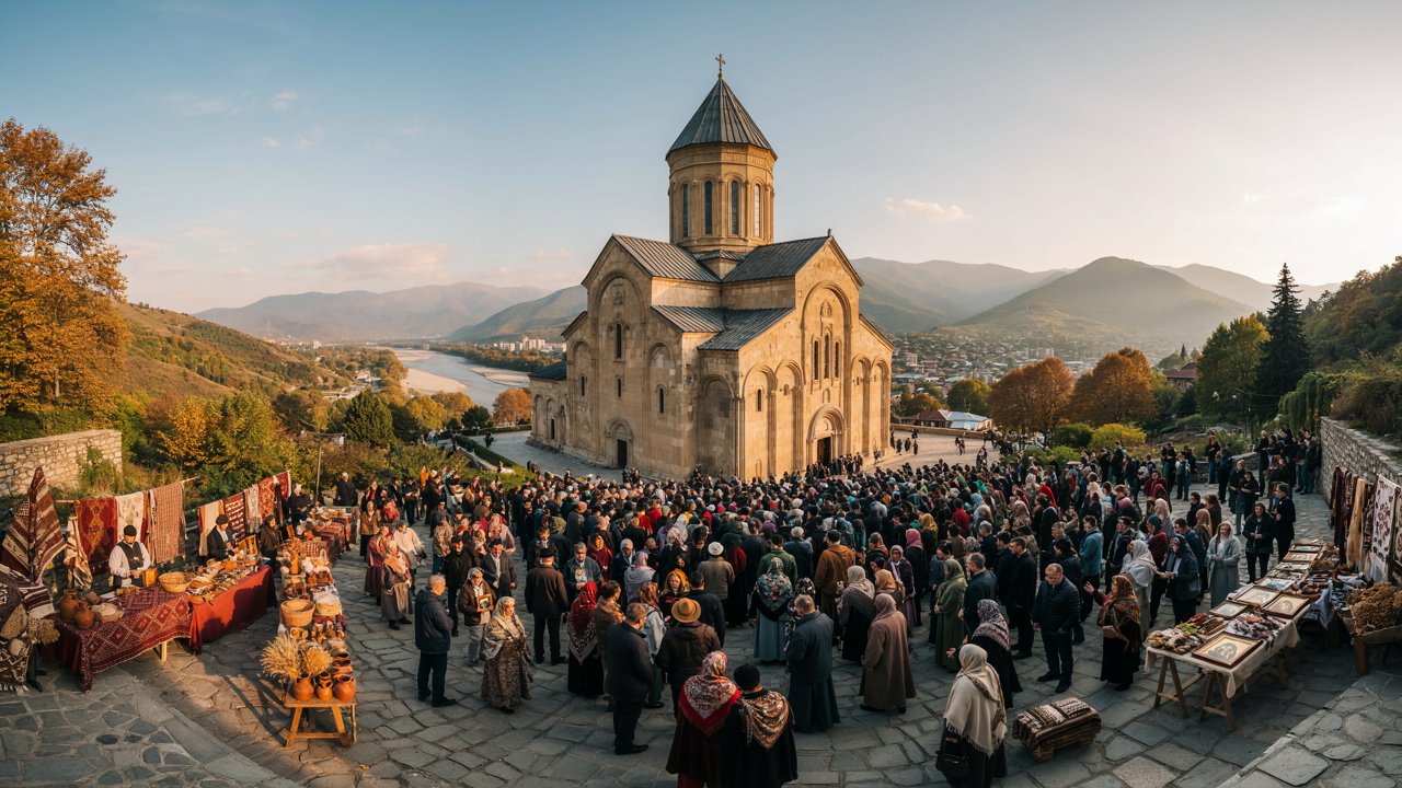 Svetitskhovloba festival ignites major cultural tourism surge across mtskheta georgia - travel and tour world Pilgrims and visitors gathering in the courtyard of unesco-listed svetitskhoveli cathedral during the svetitskhovloba festival in mtskheta, georgia