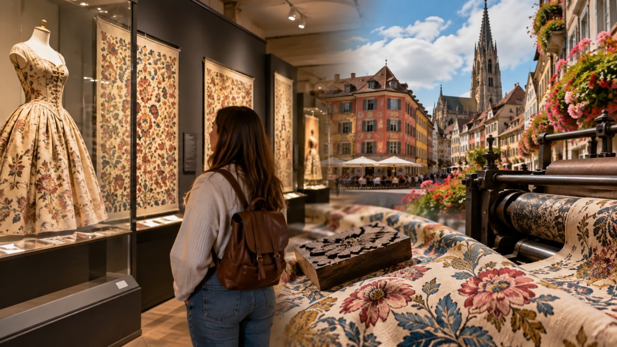 Visitor admiring mulhouse textile exhibition