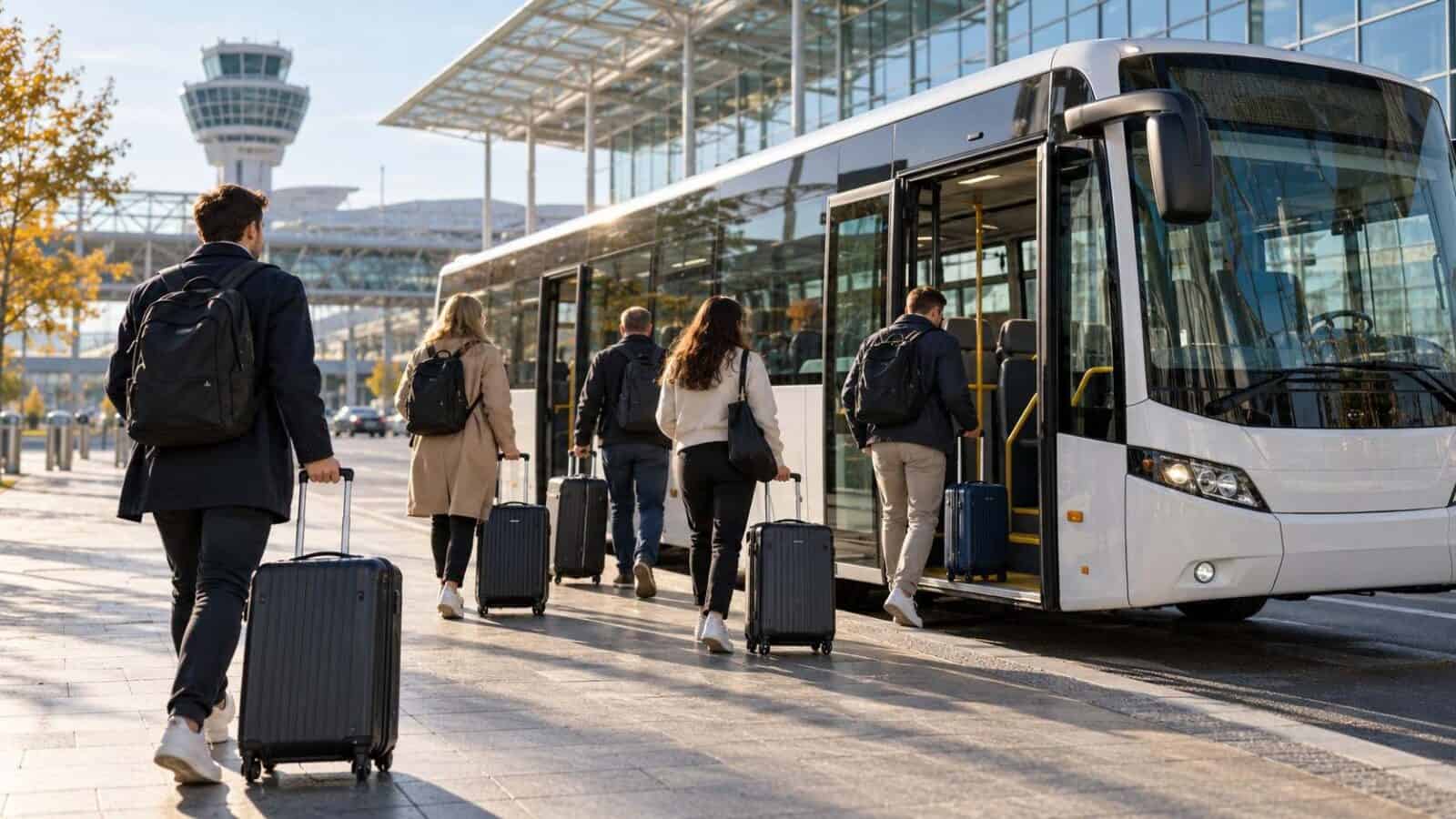 Illustrative view of travellers boarding a replacement bus during the munich airport rail closure.