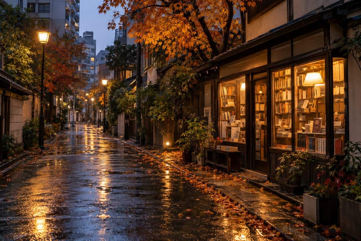 Mystery adventures - travel and tour world Rain-washed tokyo street at autumn dusk, with amber leaves, glowing streetlights and a warmly lit bookshop.