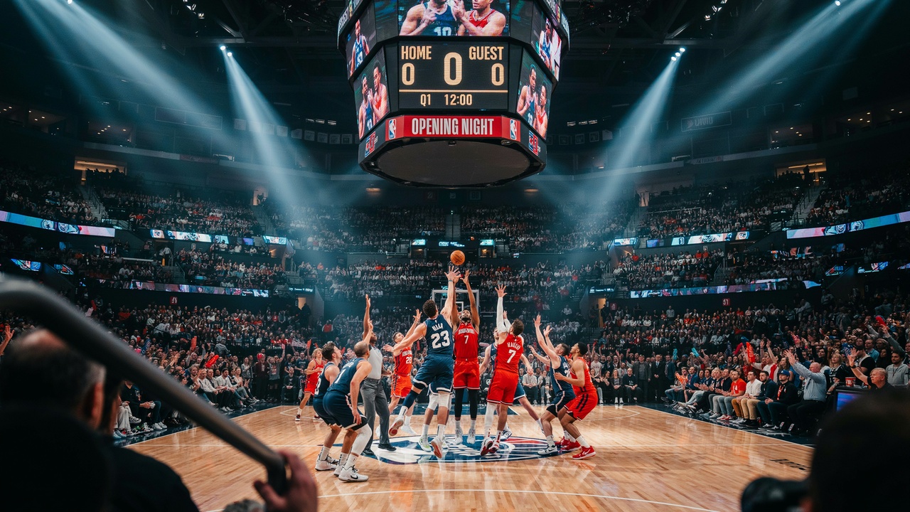 Nba opening week 2026 drives major tourism surge across north america - travel and tour world Panoramic view of a packed nba arena with 20,000 fans watching the center-court tip-off during opening week