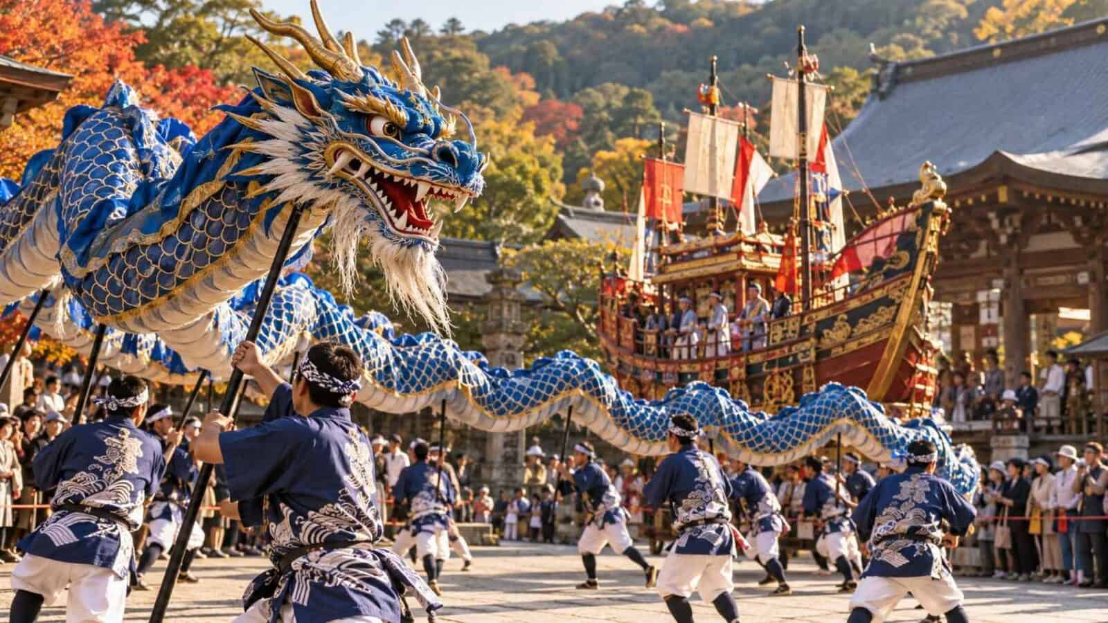 Japan cultural tourism - travel and tour world Nagasaki kunchi dragon dance and festival float showcasing japan cultural tourism.