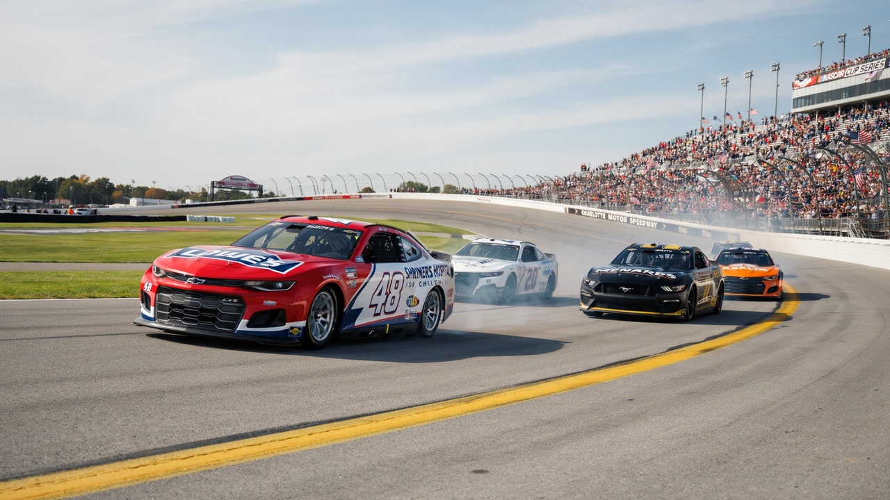 Nascar cup series stock cars competing through high-banked turns at charlotte motor speedway during the roval 400