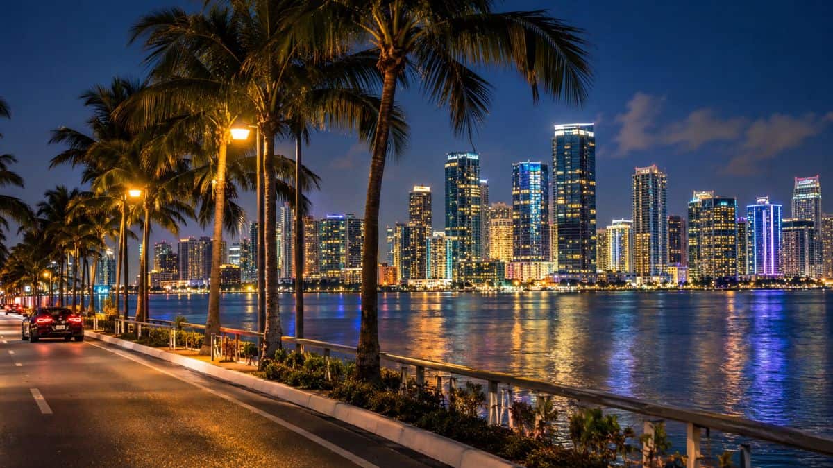 Neon palm waterfront skyline