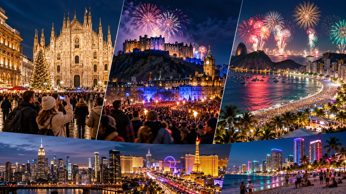 New year&rsquo;s eve travel 2026 collage featuring milan, edinburgh and rio de janeiro celebrations