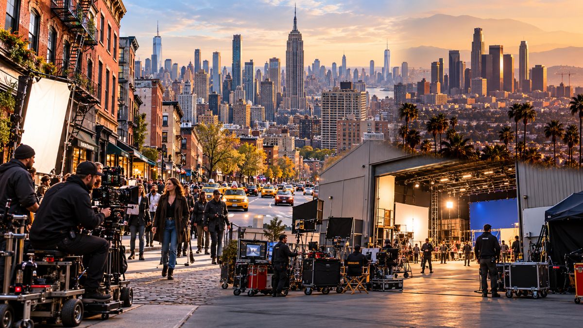 New york city film production crew working on a manhattan street beneath the city skyline.