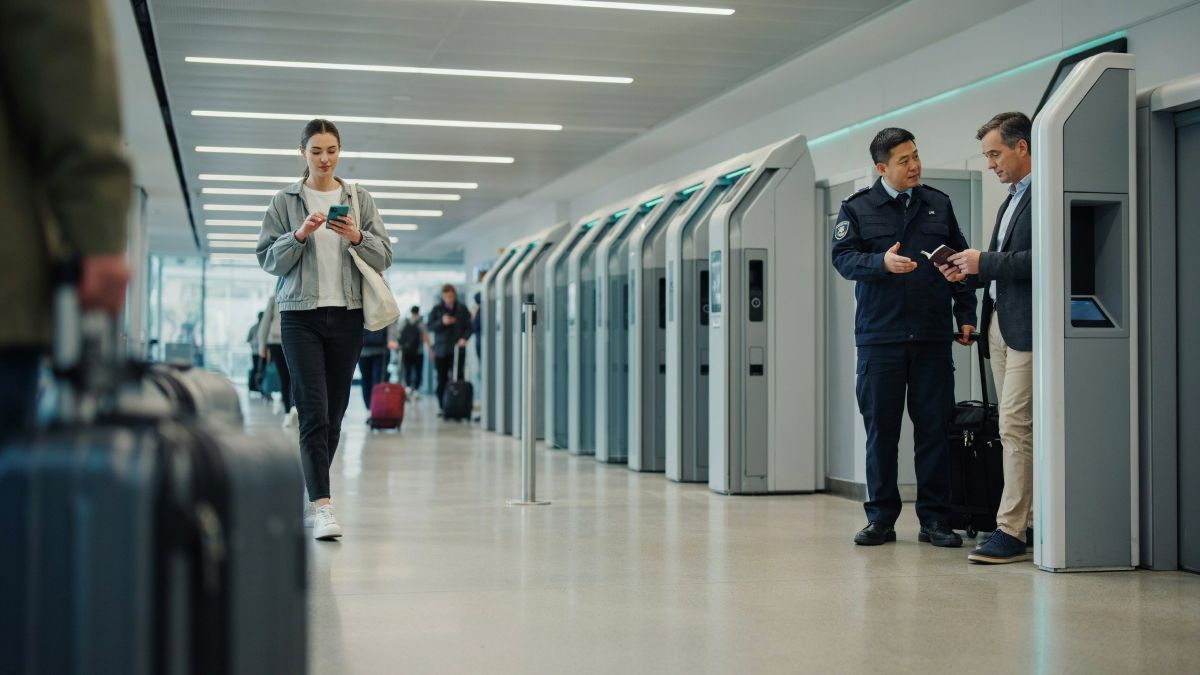Travellers use biometric egates at a new zealand airport as an officer assists a passenger.