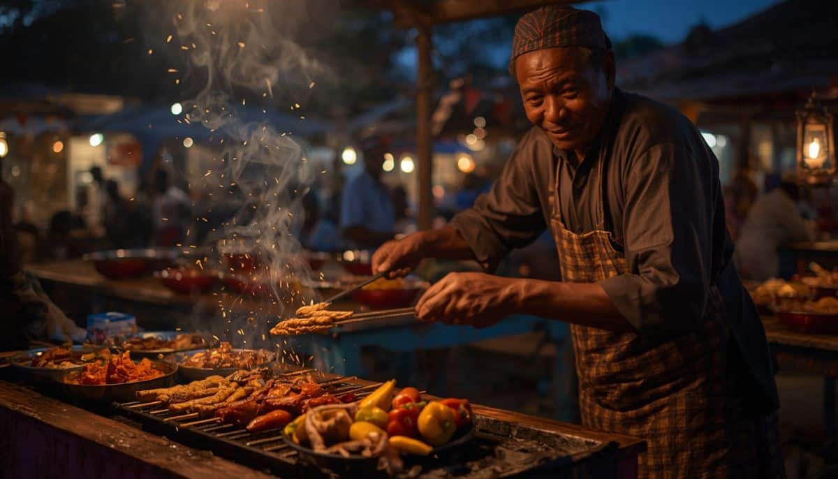 Nigeria - travel and tour world A vendor grilling traditional skewered delicacies over charcoal embers at an evening night market in nigeria.