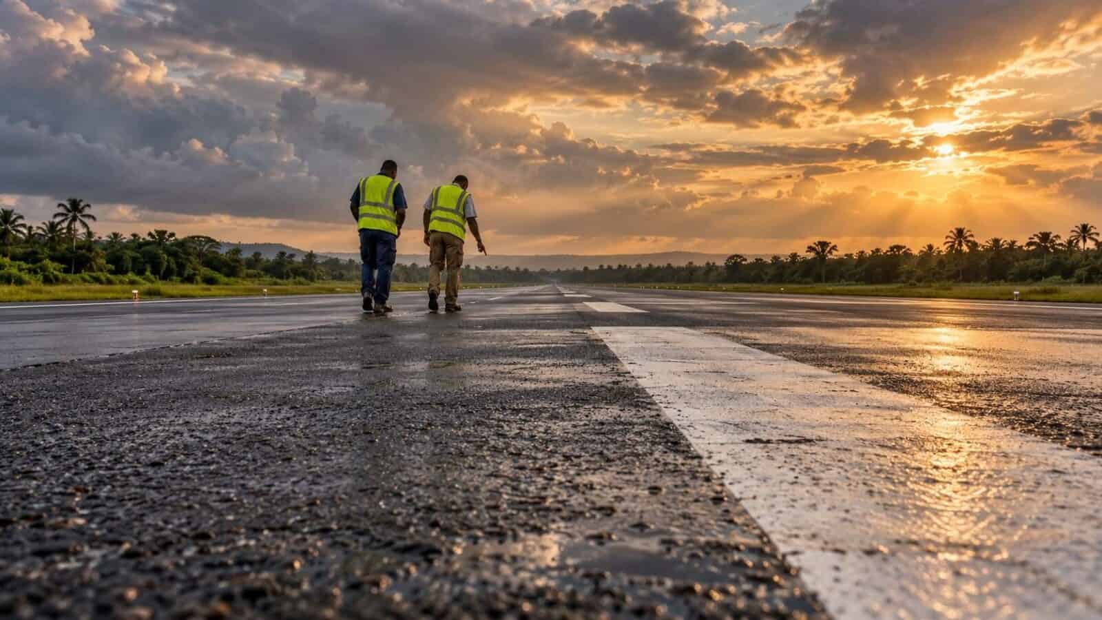 Nigeria travel - travel and tour world Illustrative owerri airport runway upgrade scene showing pavement inspection in warm evening light.
