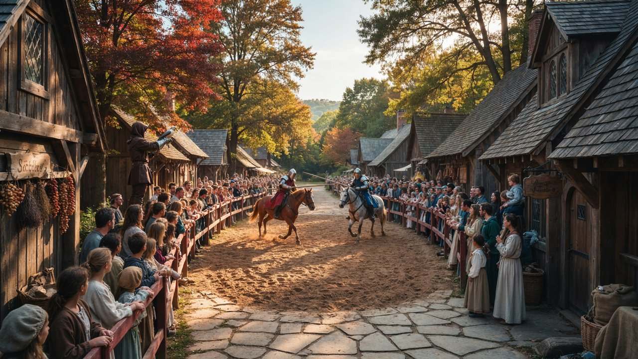 Costumed knights jousting on horseback before spectators in the village arena during the carolina renaissance festival in huntersville, north carolina