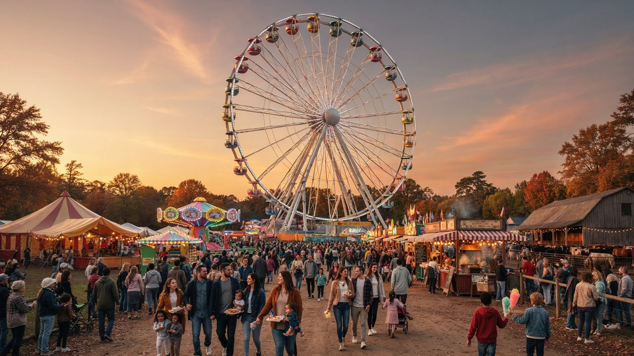 North carolina state fair 2026 in raleigh with ferris wheel, carnival rides and visitors