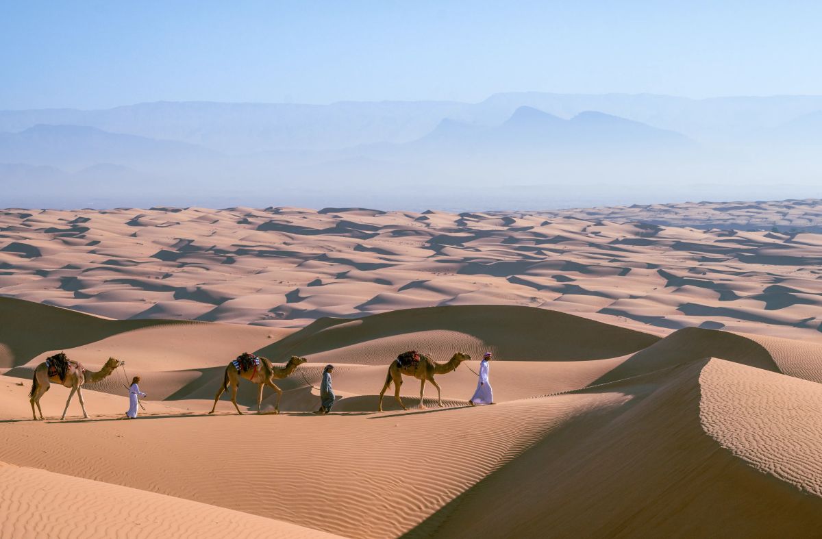 North sharqiya - travel and tour world Camel caravan trek across the desert sand dunes of sharqiya sands (wahiba sands) in the north sharqiyah governorate, oman.