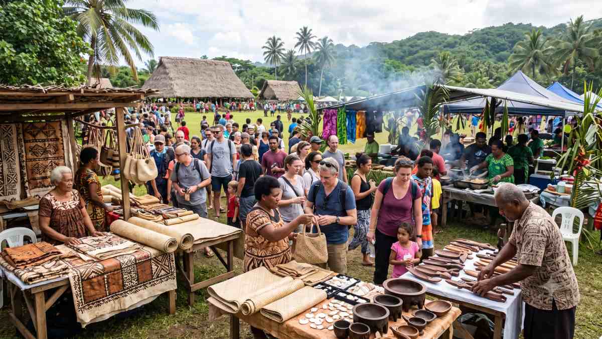 Oceania festivals - travel and tour world Local pacific island artisans sell handcrafted bark cloth, woven mats, and carved wooden bowls to visitors at a bustling outdoor cultural festival.