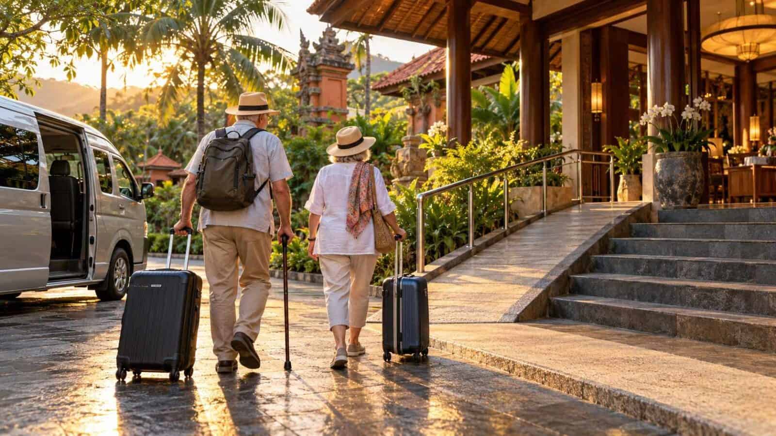Older couple checking step-free hotel access during a budget travel holiday in southeast asia.