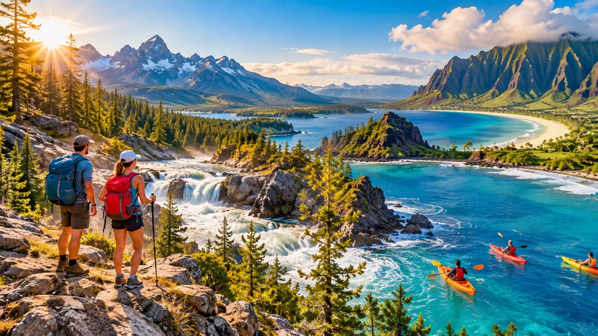 Outdoor adventure travellers exploring scenic national park landscapes across united states wilderness destinations.