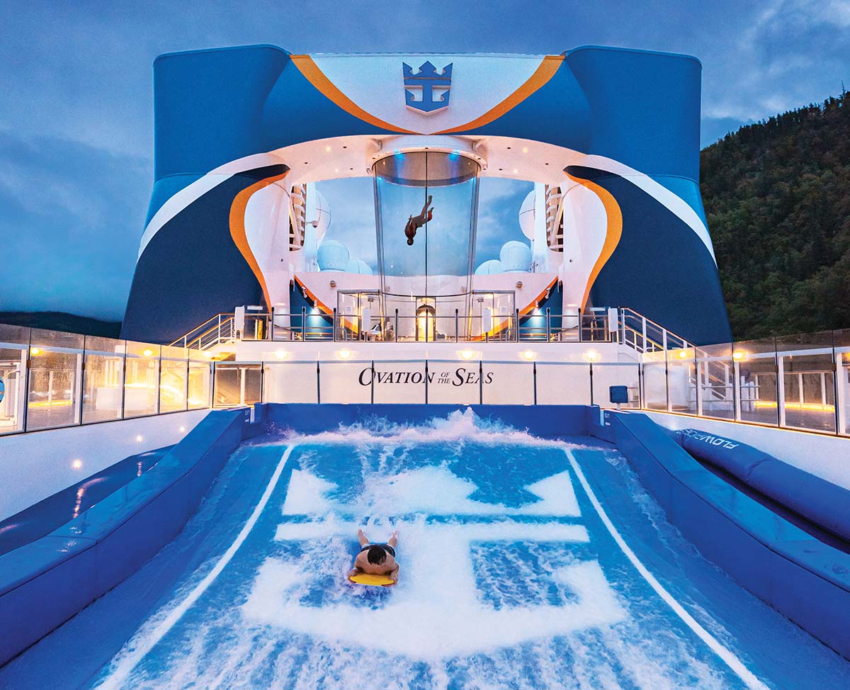 Ovation of the seas top-deck adventures include royal caribbeans signature flowrider surf simulator and skydiving on ripcord by ifly