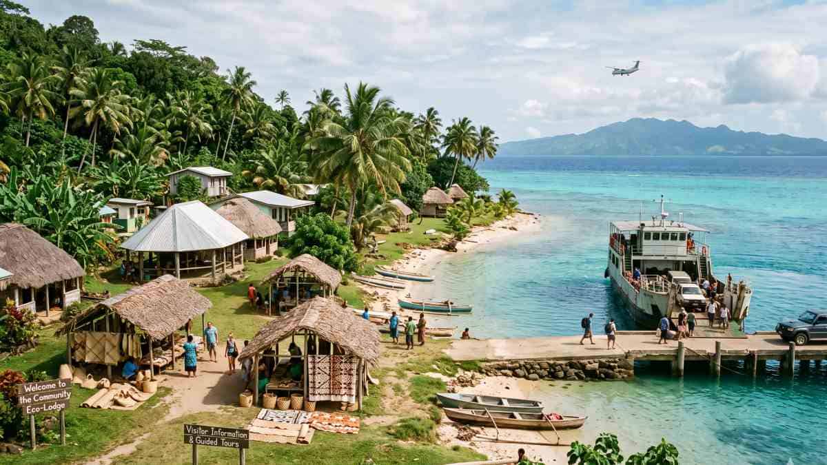 Pacific tourism - travel and tour world A high-resolution, natural-daylight photograph of a bustling pacific island coastal village, featuring traditional thatched homes, a bustling craft market, and visitors on a sandy shore where a passenger ferry is docked at a pier, with a small commercial aircraft visible in the distant sky over a lush tropical landscape and turquoise ocean.