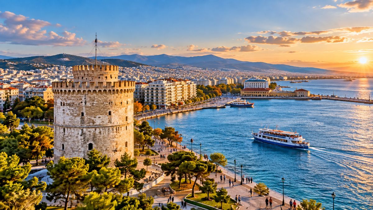 Panoramic view of the waterfront promenade and historic white tower in thessaloniki greece under clear skies