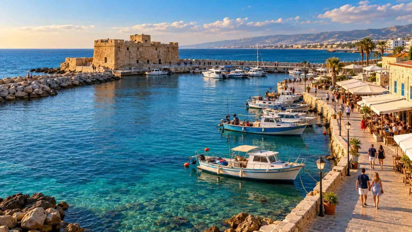 Cyprus tourism waterfront scene showing paphos harbour, its stone castle and mediterranean waters.