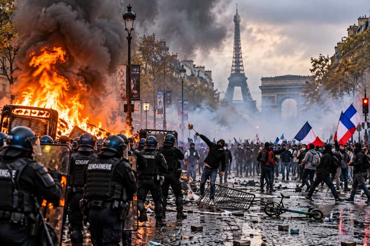 Paris protest under smoke and fire - travel and tour world France travel warning highlights paris protests, louvre disruption, curfews and essential tourist safety advice.