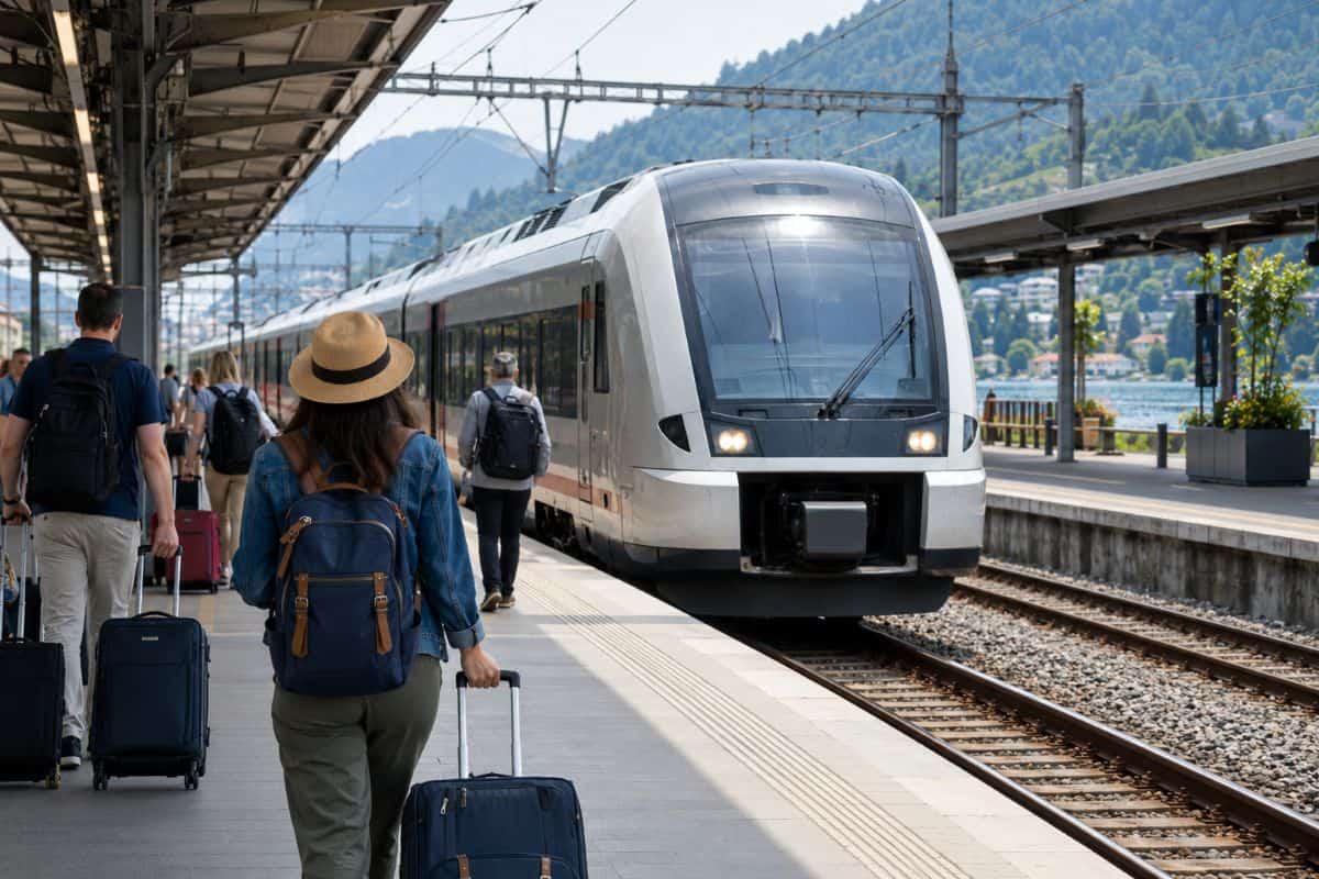 Travellers with luggage viewed from behind beside a passenger train at a lakeside station, with wooded hills in the background.