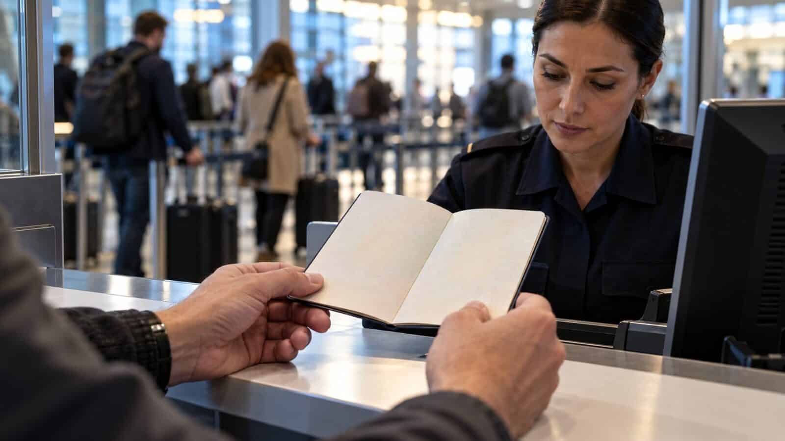 Illustrative us travel entry update scene showing a passport check beside a digital immigration workstation.