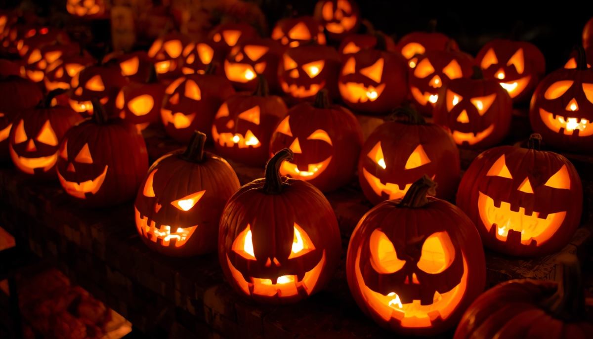 A collection of illuminated carved pumpkins glowing with spooky faces on display during autumn festivities in philadelphia.