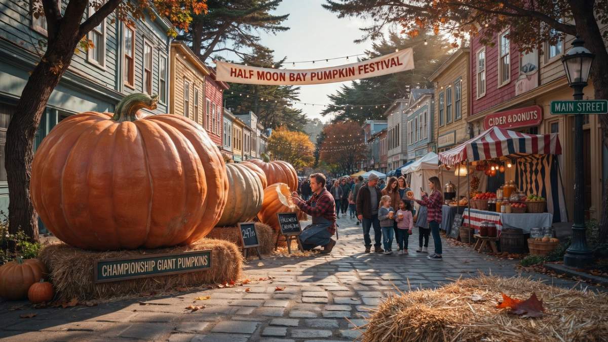 Half moon bay art & pumpkin festival drives coastal tourism surge - travel and tour world Visitors admiring champion giant pumpkins and artisan craft booths along main street during the half moon bay art & pumpkin festival