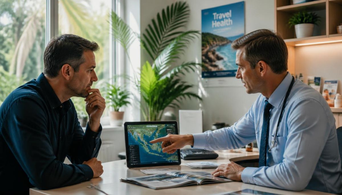 A doctor in a light blue shirt and tie points at a map on a tablet screen, consulting with a male patient sitting across the desk in a bright, plant-filled office with a"Travel Health" poster on the wall.   
